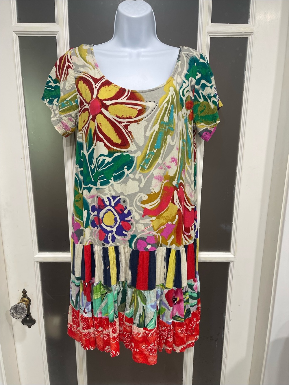 Jams World Floral Patchwork Short Sleeve Mini Dress in Cream, Red, Yellow, Green